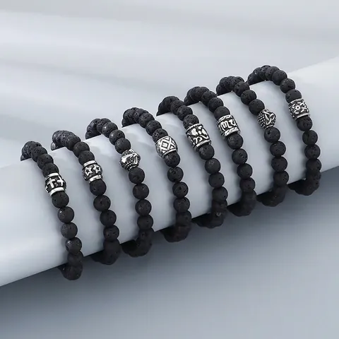 Natural Black Lava Stone Beaded Bracelet With Retro Silver Color Alloy Metal Charm For Men And Women Trendy Simple Jewelry