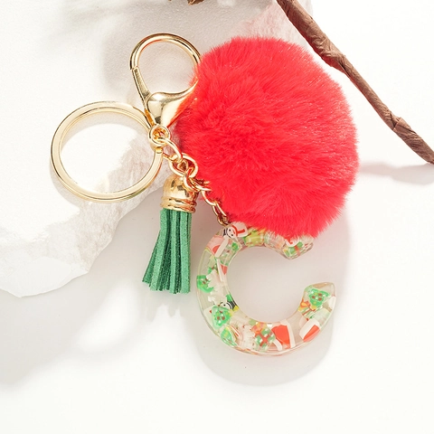 Portachiavi con Lettera Inglese di Natale con Sfera di Ecopelliccia Rossa Nappa Verde Alfabeto in Resina Ciondolo Borsa