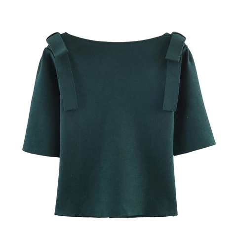Dames Gebreid Vest Top Donkergroen Vierkante Hals Korte Mouw Schouderstrik Knoopsluiting Polyester Breigoed