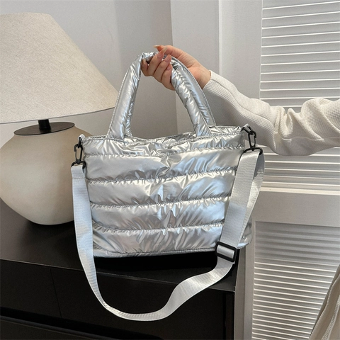 Quilted Puffer Tote Bag Shiny Nylon Padded Handbag Large Capacity Detachable Adjustable Shoulder Strap For Women Ladies
