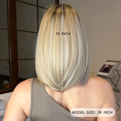 Women Short Straight Bob Wig Synthetic Heat Resistant Fiber Hair With Bangs Ombre Blonde Purple Daily Party Natural Look