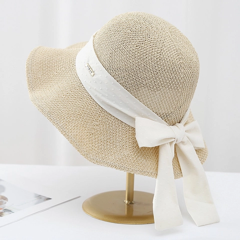 Women Wide Brim Straw Hat Summer Sunscreen Sunshade Beach Hat Foldable Breathable With Large Bowknot Ribbon