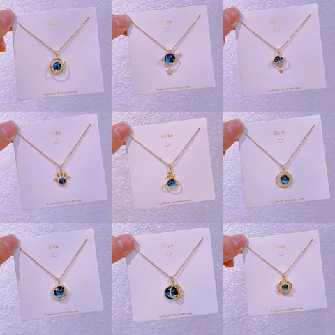 Collier Pendentif Planète Ciel Étoilé en Acier Titane Chaîne de Clavicule Or Univers Galaxie Strass Lune Étoile Bijoux pour Femmes