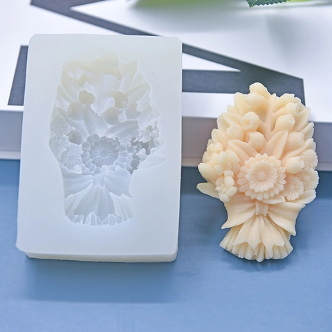 Molde De Silicona Ramo De Flores 3D Girasoles Margaritas Lazo Diseño Flexible Para Decoración Pasteles Fondant Velas Jabones DIY