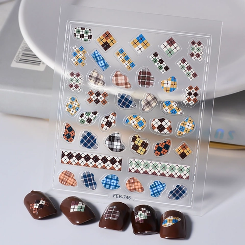 5D Relief Nail Stickers British Argyle Plaid Pattern Autumn Winter DIY Manicure Decoration Waterproof Novelty