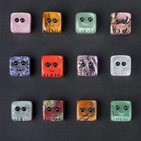 Mini Cube Figurines Natural Amethyst Rose Quartz Tiger Eye Hand Carved Cute Cartoon Face Monster Desktop Decor Ornament