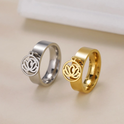 Korean Style Stainless Steel Hollow Lotus Flower Pendant Ring For Women Sweet Elegant Gold Silver Color Charm Ring Jewelry Gift