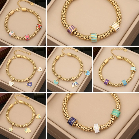 Gold Tone Stainless Steel Elephant Heart Evil Eye Enamel Charms Bracelet Adjustable Bead Chain Jewelry