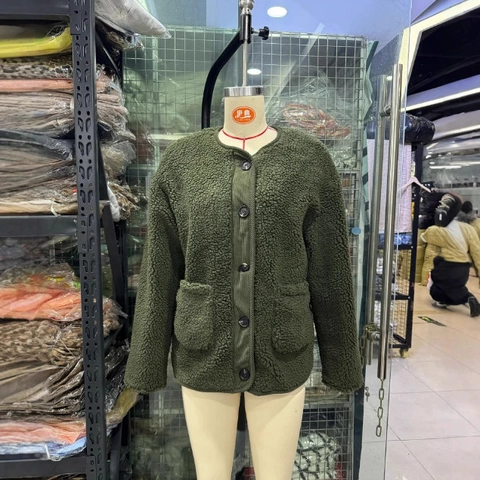 Women Lamb Velvet Jacket Leopard Print Solid Green Long Sleeve Casual Button Down Warm Outerwear With Pockets