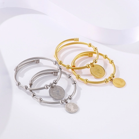 Brazalete De Acero Inoxidable Con Alambre Trenzado Colgante De Moneda Reina Cuentas Ajustable Vintage Minimalista Para Mujer
