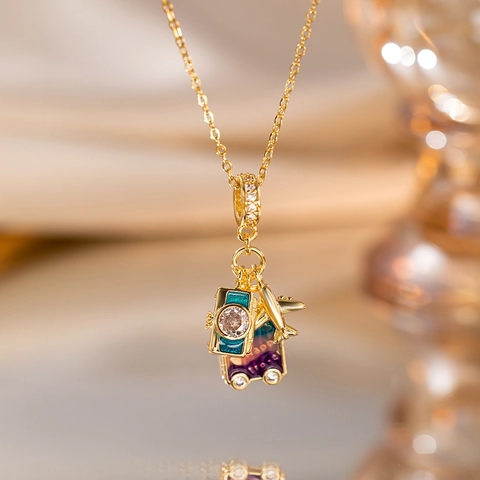 Travel Theme Pendant Necklace Titanium Steel 18K Gold Plated Camera Airplane Suitcase Charms Enamel Zircon For Women