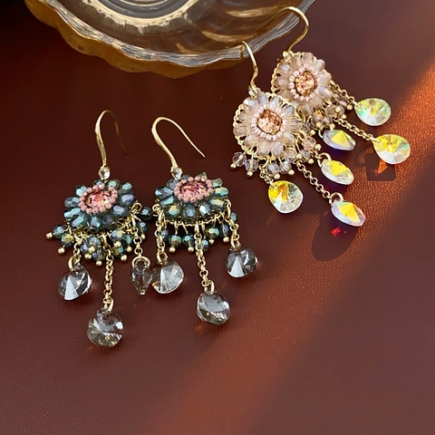 Orecchini Pendenti A Goccia D'acqua Con Fiori Vintage Rame Zircone Cristallo Sintetico Perno In Acciaio Boemia Per Donna