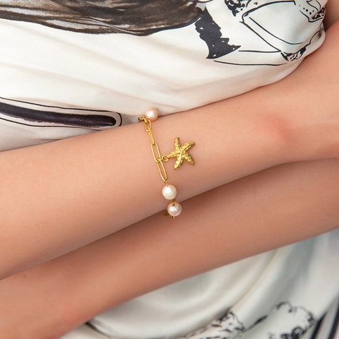 Bracciale in Acciaio Inossidabile con Perla d'Acqua Dolce Stella Marina Malocchio Oro Argento Galvanizzato Pendenti Oceano Strass per Donna