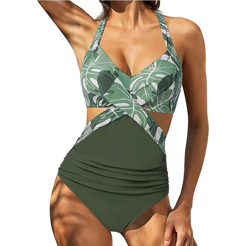 Monokini Swimsuit Halter Cross Neck Cut Out Ruched Tummy Control Sexy Beachwear For Women Polyester
