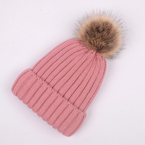 Gorro De Punto Acrílico Cálido Forro Polar Nervado Con Pompon De Piel Sintética Removible Invierno Mujeres Niños