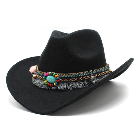 Western Cowboy Hat Polyester Felt Bohemian Style Ethnic Woven Band Turquoise Tassel Decor For Men Women Retro Fedora