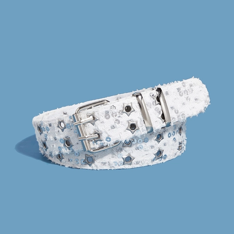 Ceinture En Denim Avec Rivets Étoiles Et Paillettes Boucle À Double Ardillon Style Punk Y2K Mode Femme