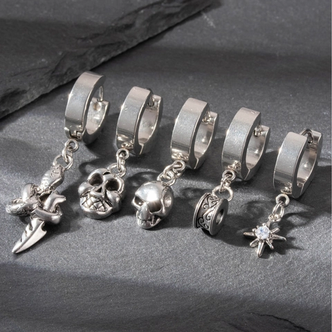 Stainless Steel Hoop Earrings Gothic Skull Snake Dagger Pendants Punk Retro Piercing Jewelry For Men Women