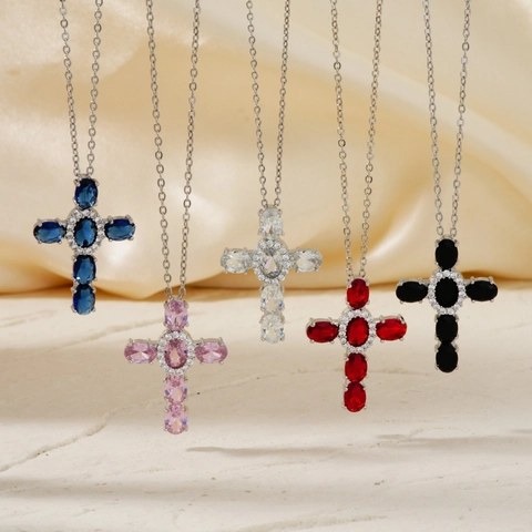 Collana Con Ciondolo A Croce In Zircone Catena In Acciaio Inossidabile Rame Micro Pave Gioielli Hip Hop Unisex