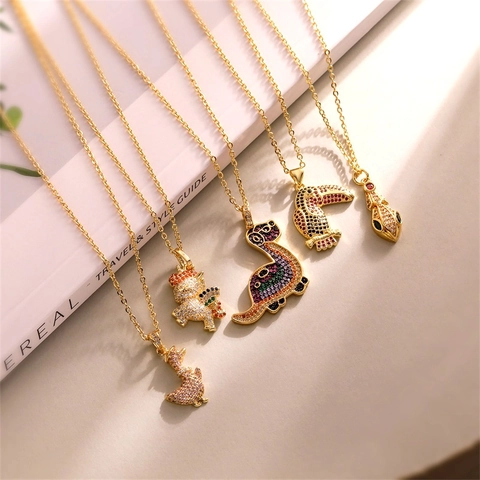 Animal Pendant Necklace Copper Gold Plated Colorful Zircon Dinosaur Unicorn Toucan Snake Elegant Chic Jewelry For Women