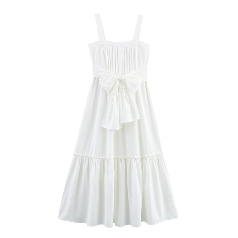 Robe Maxi À Bretelles Spaghetti Blanche Plissée Jupe À Étages Col Carré Noeud Papillon Taille Mince Élégante Style Français