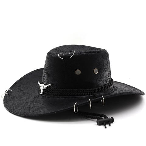 Cappello Da Cowboy Western Ecopelle Tesa Larga Retro Testa Di Toro Ornamento Metallo Stile Punk Cappello Da Sole Esterno
