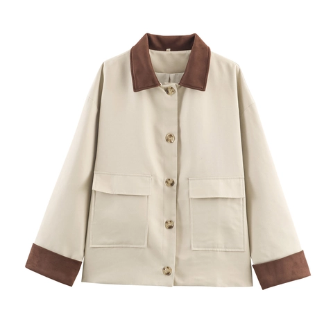 Women Contrast Color Suede Trim Jacket Retro French Style Outerwear Turn-down Collar Large Patch Pockets Button Up
