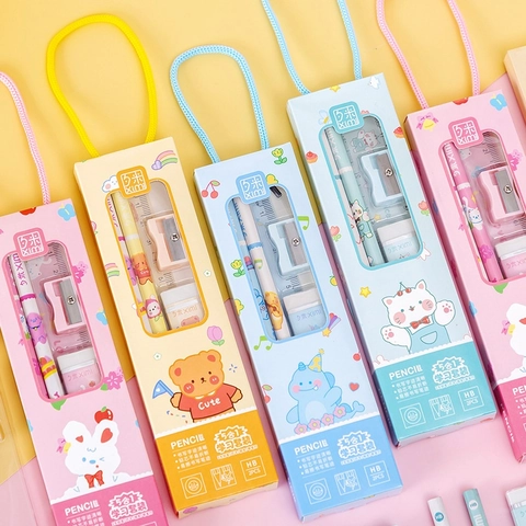 Portable Cartoon Stationery Gift Set With Pencils Ruler Eraser Sharpener School Supplies For Kids Birthday Party Favors