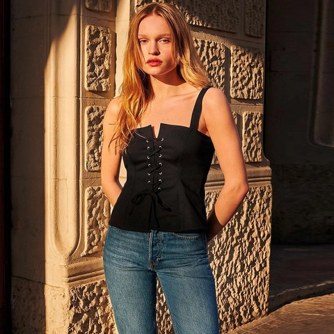 Women Sexy Lace Up Cropped Tank Top Solid Color Slim Fit Camisole Adjustable Straps Cotton Polyester Blend Streetwear