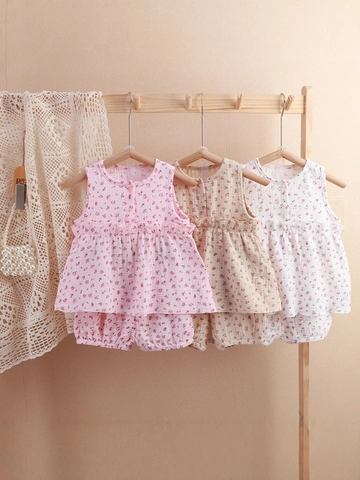Pyjama À Fleurs Pour Tout-Petits Filles Gaze De Coton Haut À Volants Sans Manches Et Short Bouffant Vêtements De Maison Été