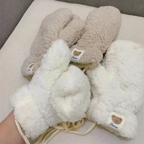 Mittens Faux Lamb Wool Hanging String Winter Warm Thickened Cartoon Bear Pattern Women Students Cute Cold Protection