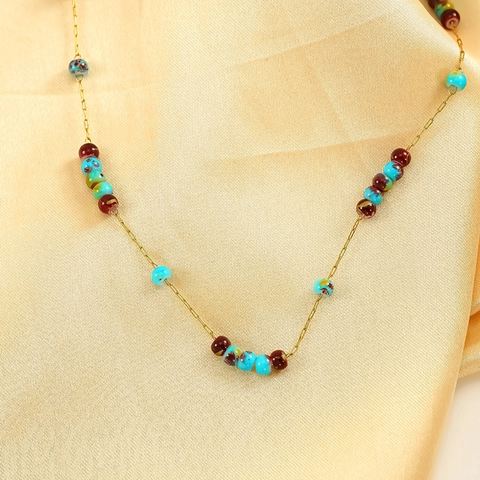 Collana In Acciaio Inossidabile Placcato Oro 18K Con Pietre Naturali Perline Di Vetro E Perla Artificial Per Donna Choker