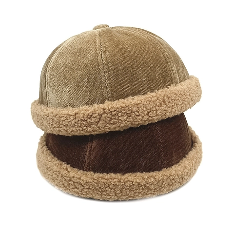 Cappello Docker Vintage In Velluto A Coste Senza Tesa Con Bordo In Lana Di Agnello Berretto Invernale Caldo Per Uomo Donna