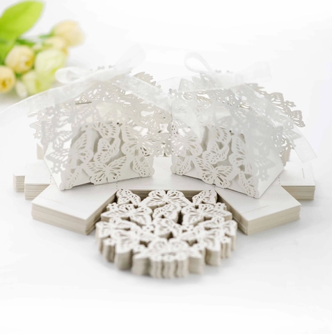 Hollow Out Butterfly Pearlescent Paper Candy Box Laser Cut Gift Wrap With Ribbon Bow Wedding Party Decoration Favors