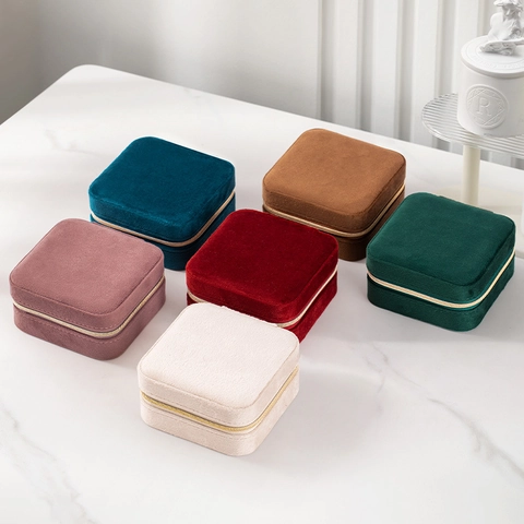 Portable Velvet Jewelry Organizer Box Mini Travel Jewellery Case For Ring Earring Necklace Storage With Gold Zipper Luxury Gift For Women