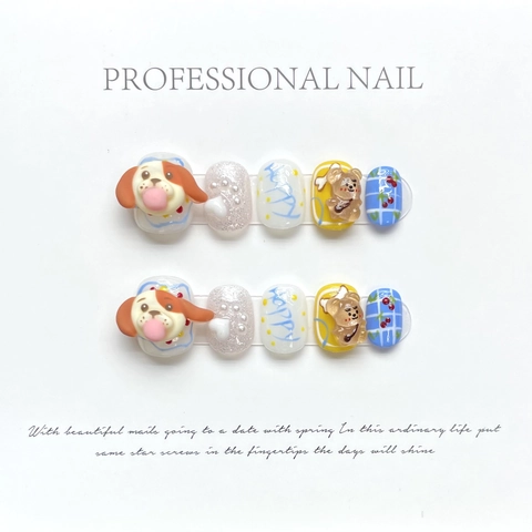 Handmade Press On Nails 3D Cartoon Dog Bear Blue Plaid Cherry Pattern Sweet Cute Reusable Fake Nails