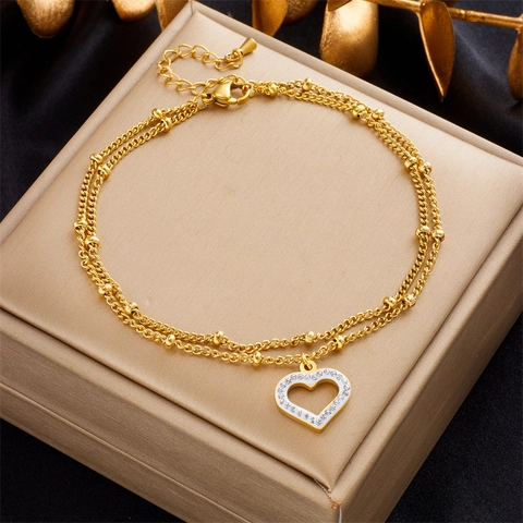 Double Layer Heart Pendant Anklet Stainless Steel Metal Beads White Zircon Minimalist Summer Beach Jewelry For Women