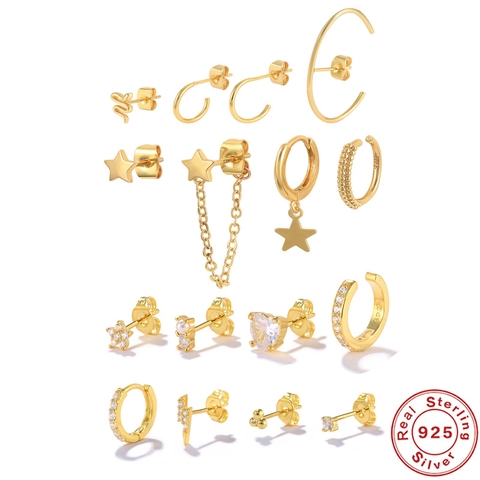 925 Sterling Silver Earring Set For Women Gold Silver Plated Rhinestone Star Snake Heart Stud Hoop Earrings Jewelry Set