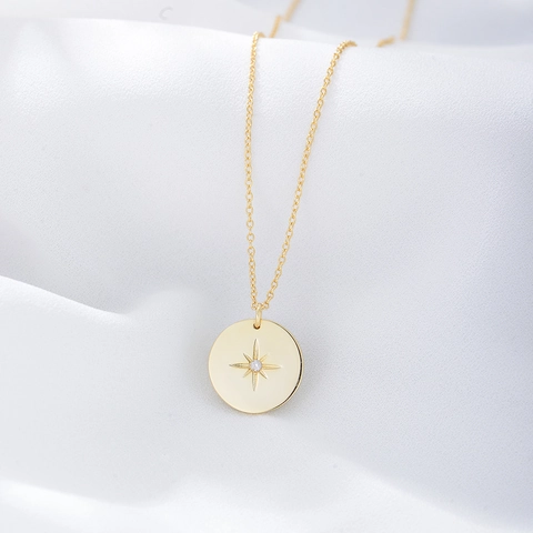 925 Sterlingsilber Münze Anhänger Halskette Für Damen Vergoldet Sternschliff Polarstern Eingelegt Strass Schlüsselbein Kette Schmuck