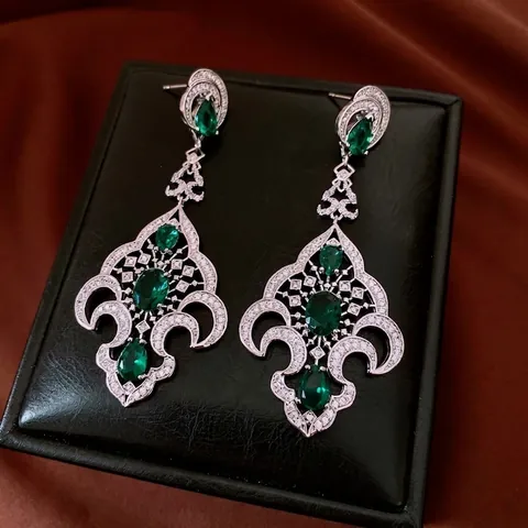 Vintage Palace Long Drop Earrings Emerald Green Zirconia Hollow Copper With 925 Sterling Silver Earring Post For Women