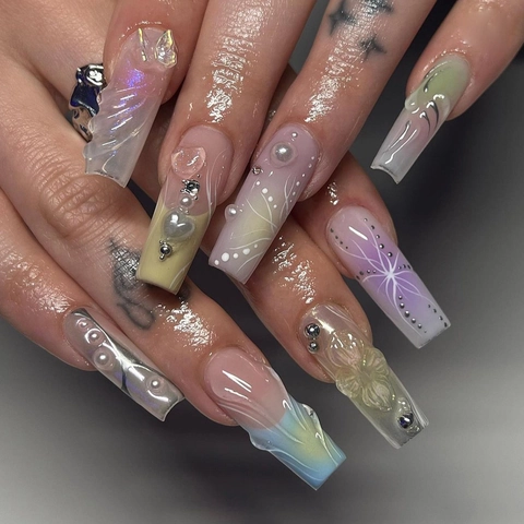 French 3D Butterfly Press On Nails Gradient Aurora Artificial Pearls Rhinestones Coffin Shape Macaron Colors Long Fake Nails For Women