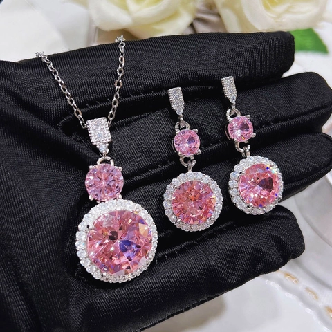 Pink Zircon Rhinestone Necklace And Earrings Halo Round Pendant Romantic Luxury Accessory For Women