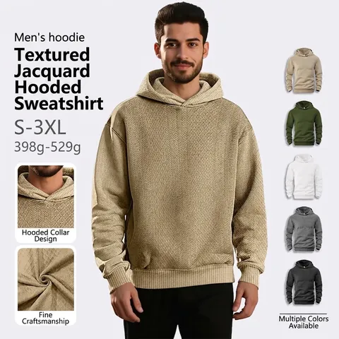 Men Hoodie Pullover Long Sleeve Jacquard Texture Loose Fit Solid Color Casual Urban Style Fashion Top