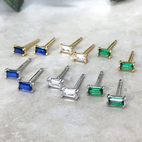 Rectangular Zircon Stud Earrings Simple Baguette Cut Geometric Copper Micro Pave Jewelry With 925 Sterling Silver Earring Post For Women