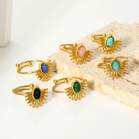Anello Aperto Vintage Sole Placcato Oro 18K Acciaio Inossidabile Regolabile Pietre Incastonate Gioielli Donna