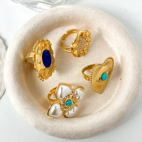 Bagues Ouvertes En Acier Inoxydable Rétro Bohème Cœur Mauvais Œil Turquoise Künstliche Perle Fantaisie Strass Ajustable Bijoux Mode Femme