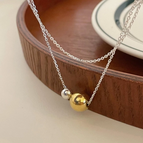 925 Sterling Silver Necklace With Bi-Color Round Ball Pendants Minimalist Dainty Polished Jewelry For Women