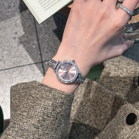 Ladies Elegant Quartz Wristwatch Rhinestone Bezel Alloy Metal Strap Sunray Pattern Dial Three Hand Analog Watch