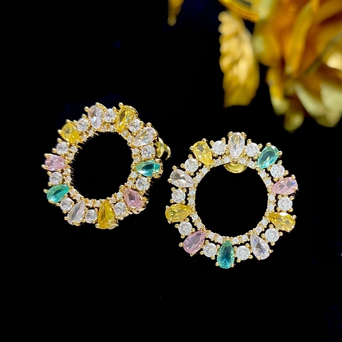 Pendientes de Botón de Aro de Circonia de Colores Franceses Vintage Para Mujer Pendientes de Círculo Geométrico Incrustados de Cobre de Lujo Retro