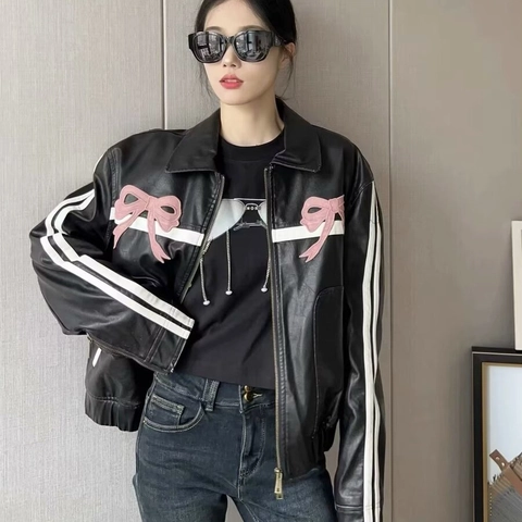 Veste En Similicuir Pour Femmes Broderie Nœud Fermeture Éclair Manches Longues Vêtements D'extérieur Style Moto